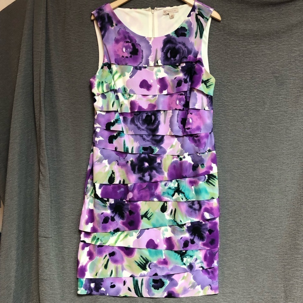 Cb est 1962 14 sheath dress with layers down front teal, purple violet, black